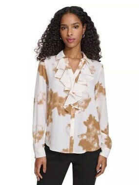 NWT Calvin Klein Ivory/Brown Long-Sleeve Ruffle-Front Blouse Size M